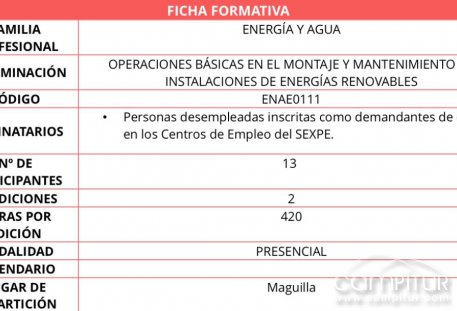 Maguilla acogerá un curso sobre montaje y mantenimiento de instalaciones de energías renovables